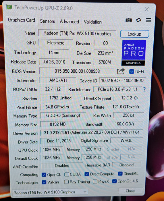AMD Radeon Pro WX 5100 8GB GDDR5 Graphics Card | 4x DisplayPort