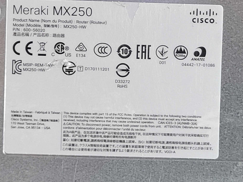 Cisco Meraki MX250-HWSecurity Appliance CLAIMED - 2x PSU _