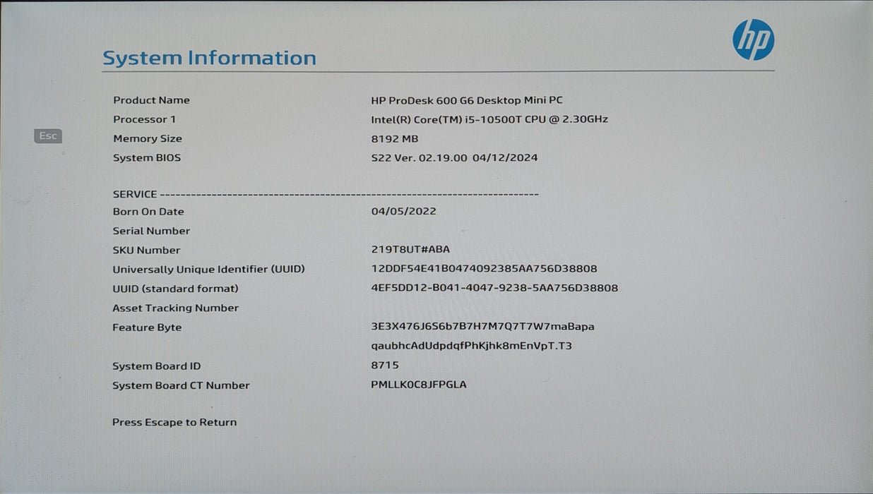 HP ProDesk 600 G6 Mini PC, i5-10500T 2.30GHz, 8GB DDR4, 256GB NVMe, No PWR