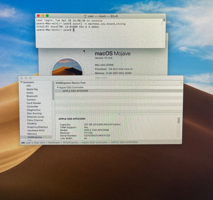 Apple Mac Mini 2018 Intel Core i3-8100B 3.60GHz 8GB RAM 256GB SSD