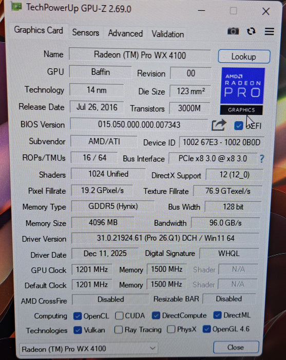 AMD Radeon Pro WX 4100 4GB GDDR5 Low Profile Graphics Card