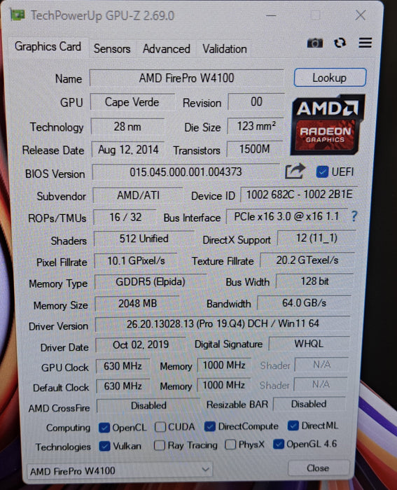 AMD FirePro W4100 2GB GDDR5 Low Profile Graphics Card | 4x Mini DP