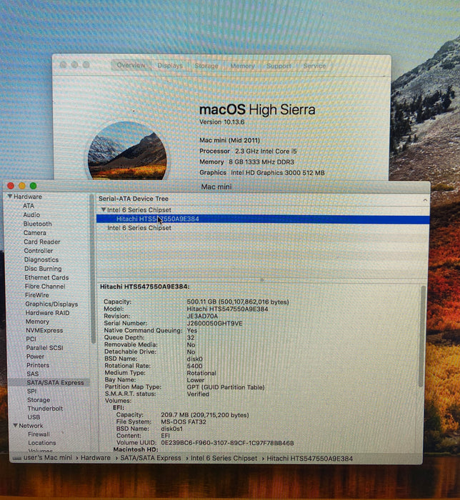 Apple Mac Mini Mid 2011 Core i5-2415 2.3GHz 8GB RAM 500GB HDD