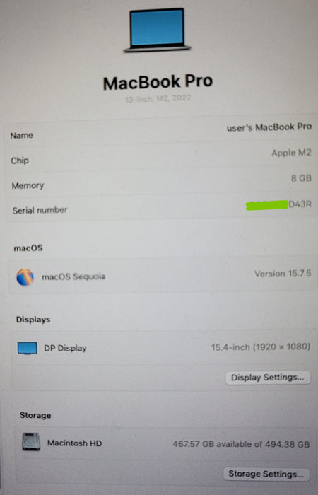 Apple MacBook Pro 13" 2022 A2338 M2 8GB 512GB SSD FOR PARTS/REPAIR READ