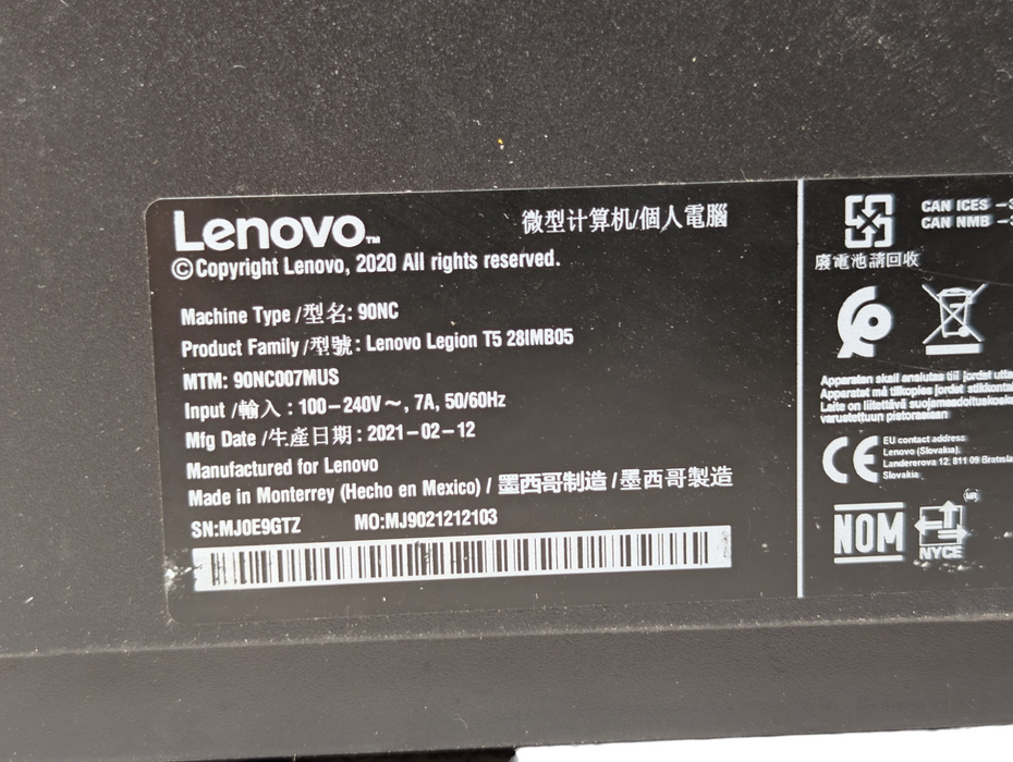Lenovo Legion T5 28IMB05 Intel Core i7-10700 16GB RAM 1TB NVMe SSD NVIDIA 1660S