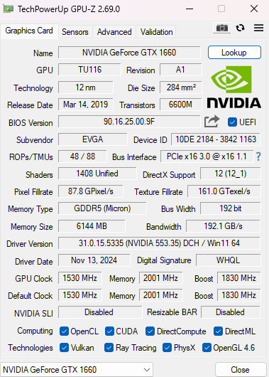 EVGA NVIDIA GeForce GTX 1660 6GB GDDR5 Graphics Card