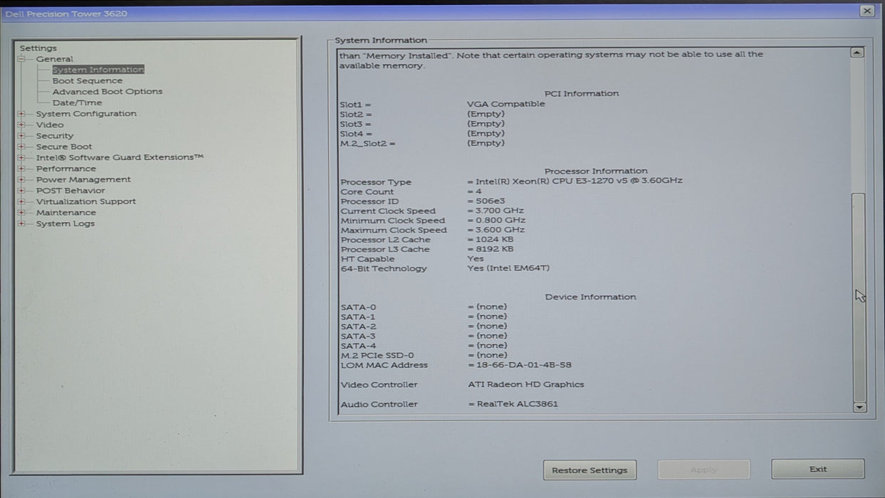 Dell Precision Tower 3620, Xeon E3-1270v5 3.60GHz, 16GB DDR4, W4100, No HDD