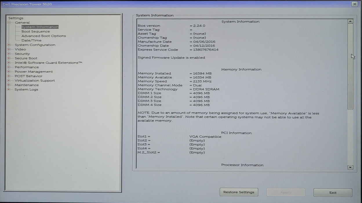 Dell Precision Tower 3620, Xeon E3-1270v5 3.60GHz, 16GB DDR4, W4100, No HDD