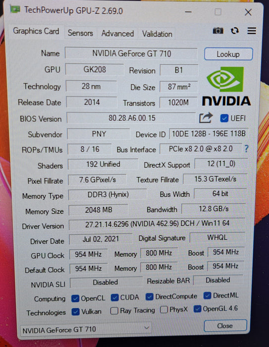 PNY NVIDIA GeForce GT 710 2GB DDR3 Low Profile Graphics Card