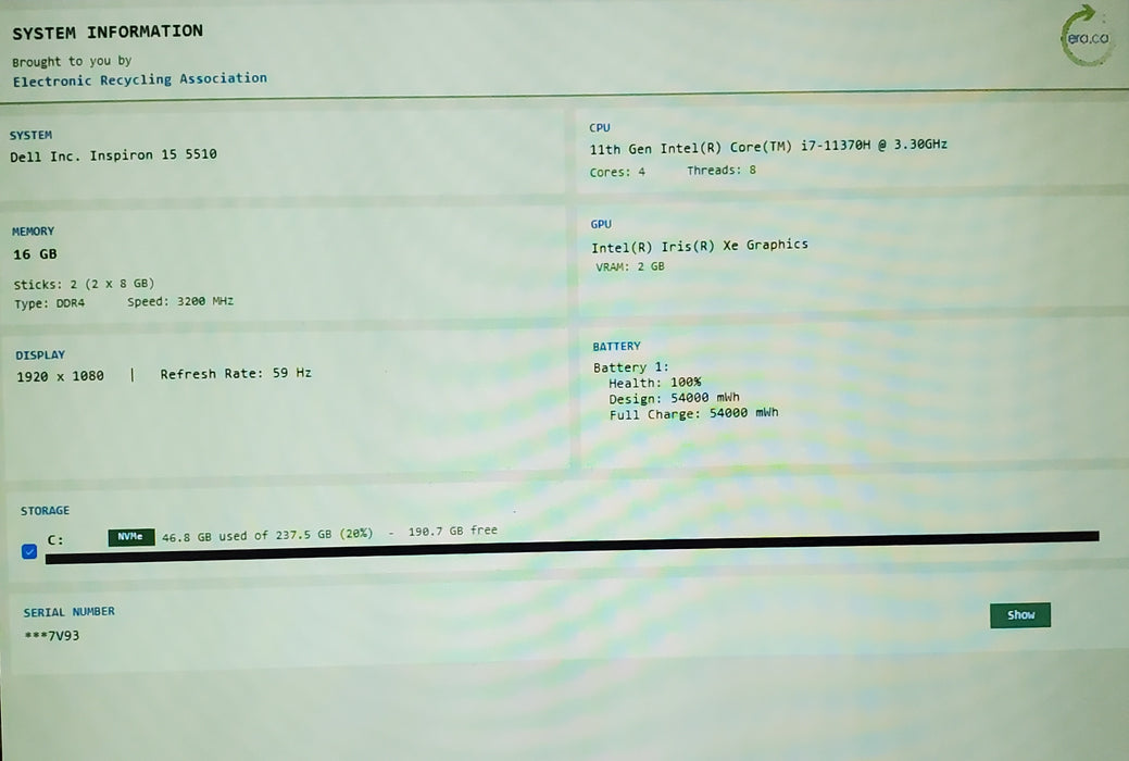 Dell Inspiron 15 5510 i7-11370H 3.30GHz 16GB 256GB NVMe READ