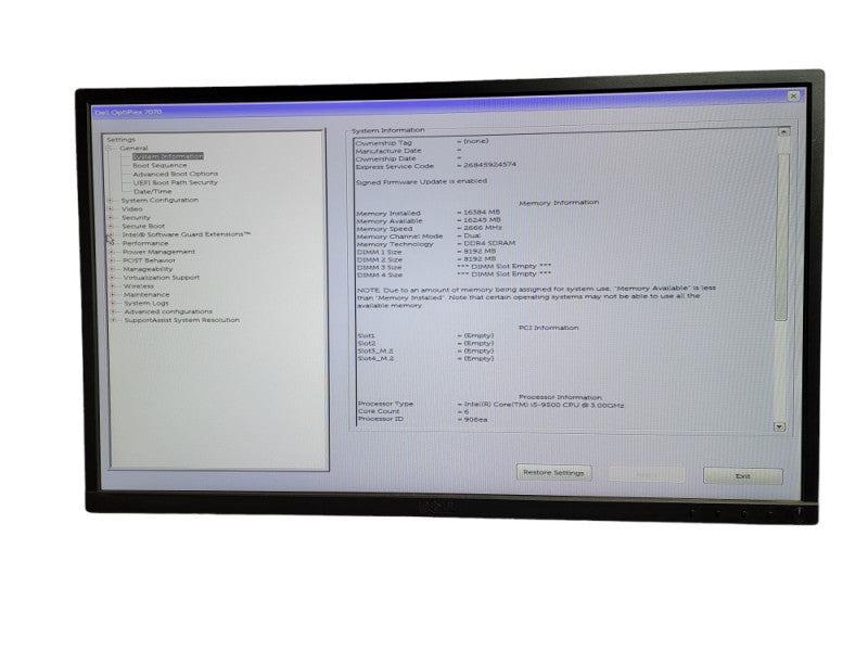 Dell Optiplex 7070 SFF Intel i5 - 9500 CPU @ 3.00GHz 16GB DDR4 Ram Î¸