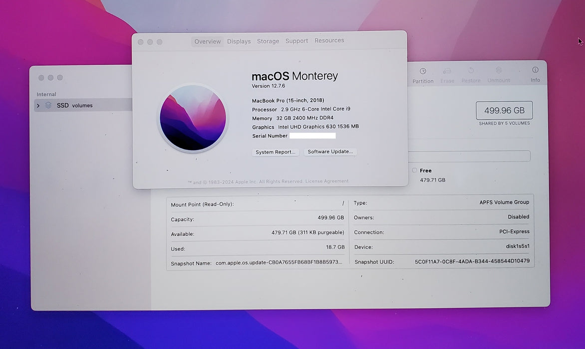 Apple Macbook Pro A1990 2018 15'' Core i9-8950HK 32GB RAM 512GB SSD READ