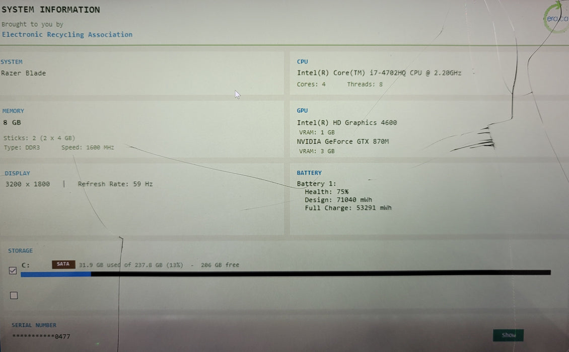 Razer Blade RZ09 14" i7-4702HQ 8GB DDR3 GTX 870M 256GB M.2 SSD FOR PARTS/REPAIR