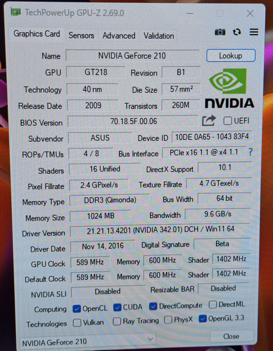 ASUS NVIDIA GeForce 210 1GB DDR3 EN210 SILENT/DI/1GD3/V2(LP) GPU