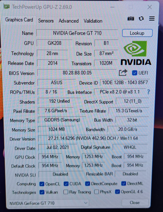 ASUS GeForce GT 710 1GB GDDR5 HDMI VGA DVI Graphics Card (GT710-SL-1GD5-BRK)