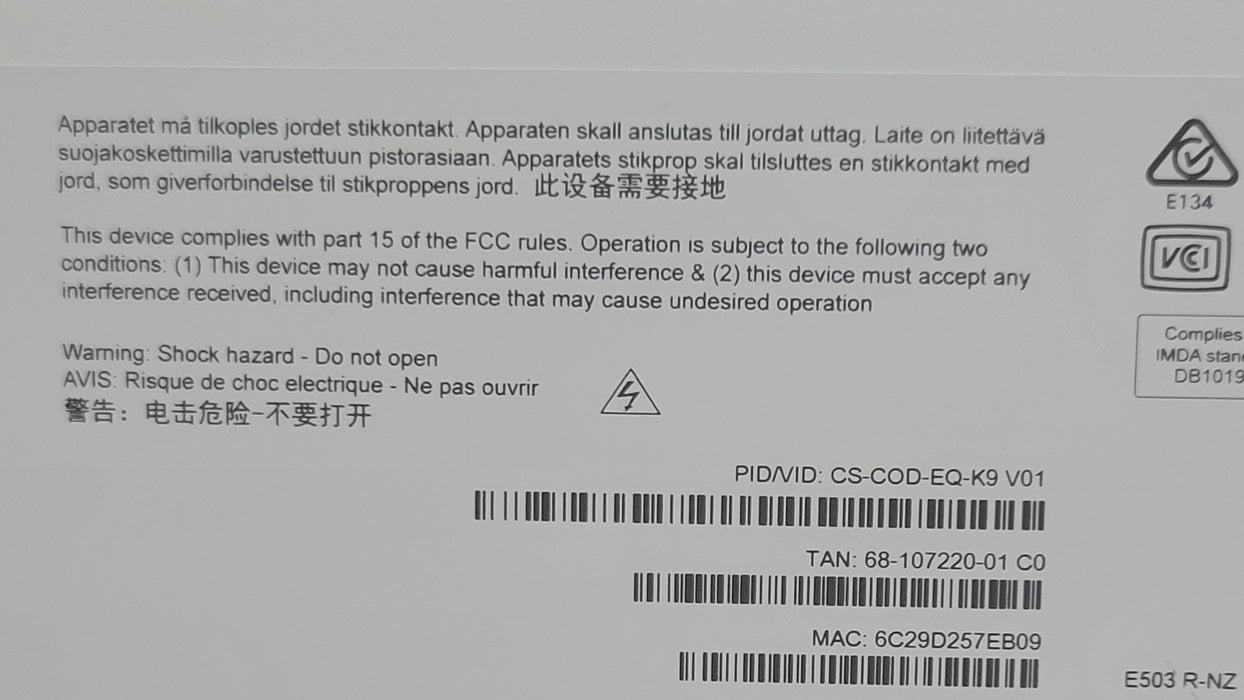 Sisco Cod Cisco TTC6-15 Codec EQ CS-COD-EQ-K9 V01 only — retail.era