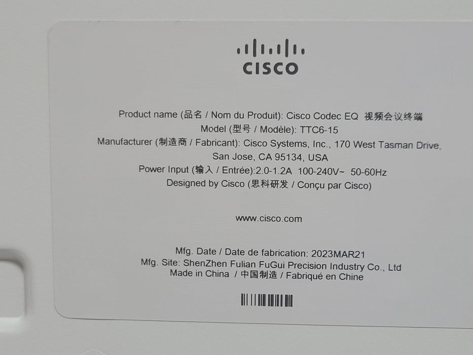 Sisco Cod Cisco TTC6-15 Codec EQ CS-COD-EQ-K9 V01 only — retail.era