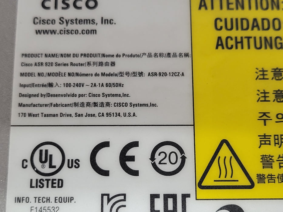 Cisco ASR-920-12CZ-A V05 Aggregation Services Route