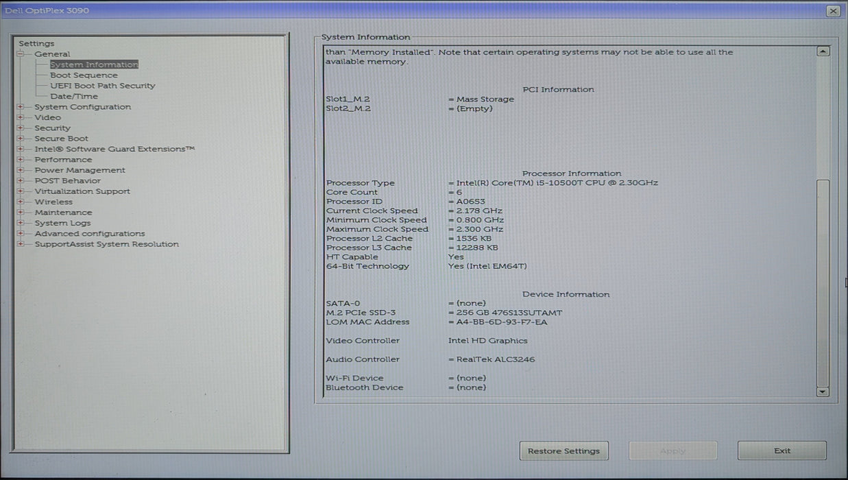 Dell Optiplex 3090 USFF, i5-10500T 2.30GHz, 16GB DDR4, 256GB NVMe, No AC