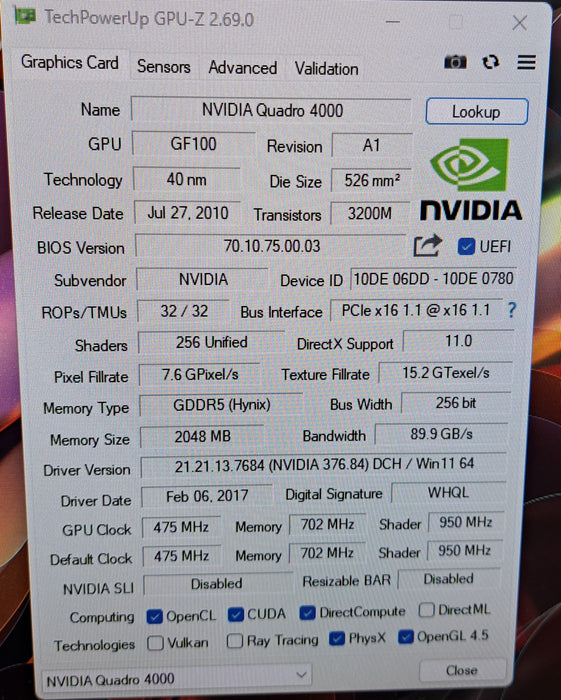 NVIDIA Quadro 4000 2GB GDDR5 Graphics Card