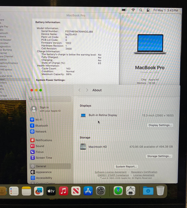 Apple MacBook Pro 13" 2020 M1 16GB RAM 512GB SSD No Power Adapter READ!
