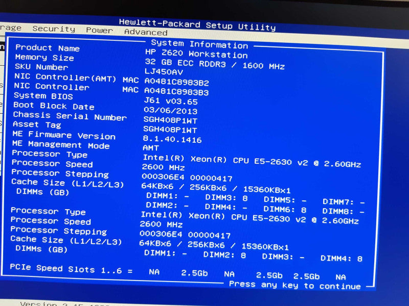 HP Z620 Workstation Tower Xeon E5-2630 v2 2.6GHz 32GB DDR3, No HDD