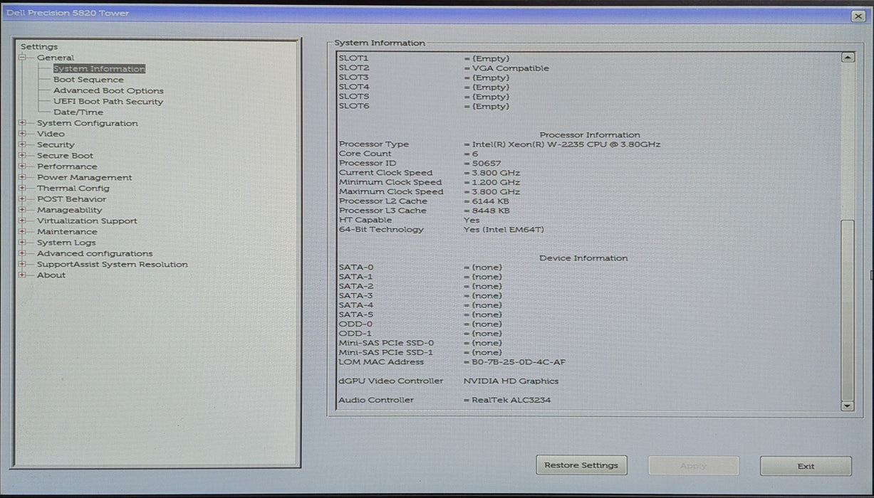 Dell Precision 5820 Tower, Xeon W-2235 3.80GHz, 16GB DDR4, No HDD & GPU, 950W