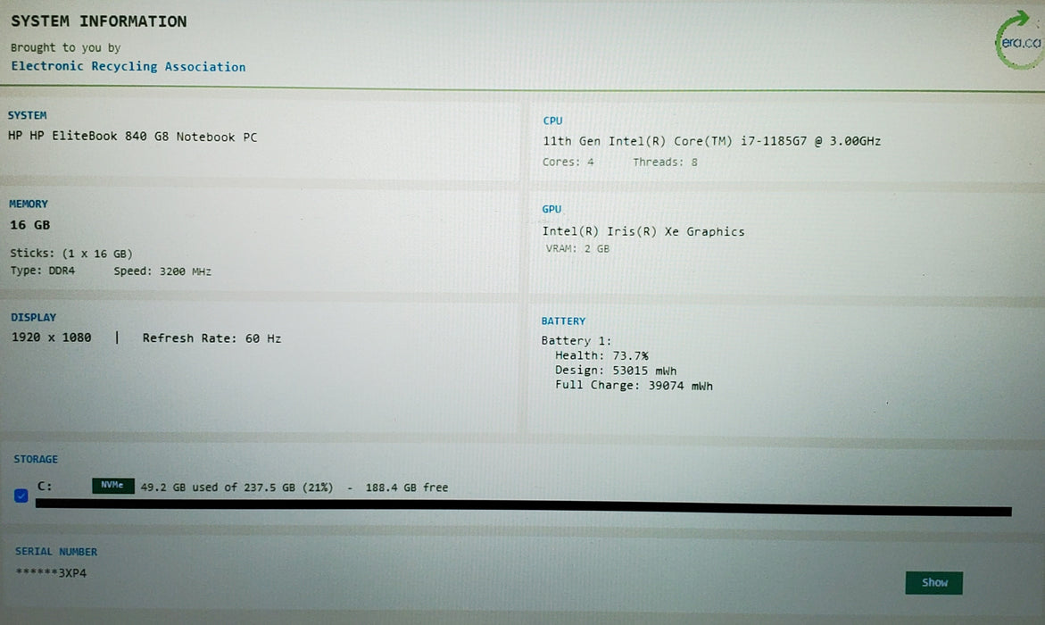 HP EliteBook 840 G8 14" FHD i7-1185G7 2.6GHz 16GB 256GB SSD READ