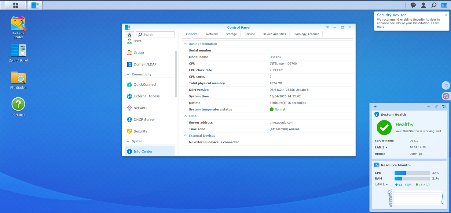 Synology DiskStation DS412+ 4-bay NAS w/ 2x 2TB HDDs, No AC Adapter
