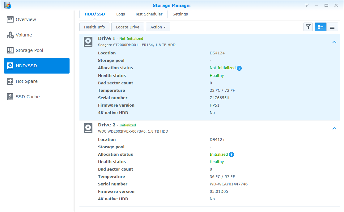 Synology DiskStation DS412+ 4-bay NAS w/ 2x 2TB HDDs, No AC Adapter
