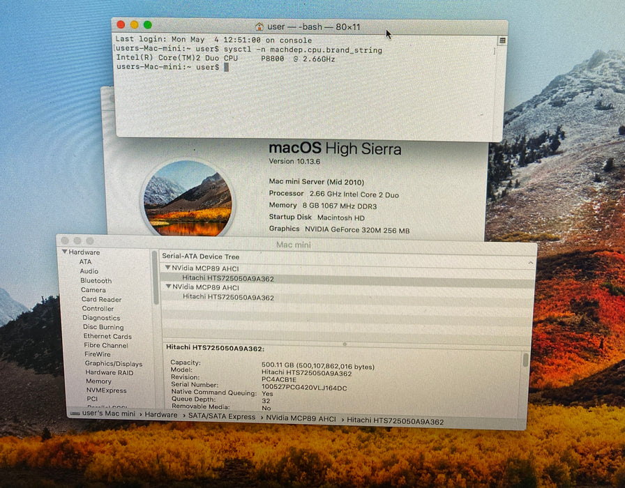 Apple Mac Mini Server Mid 2010 Core 2 Duo P8800 GeForce 320 8GB RAM 2x500GB HDD