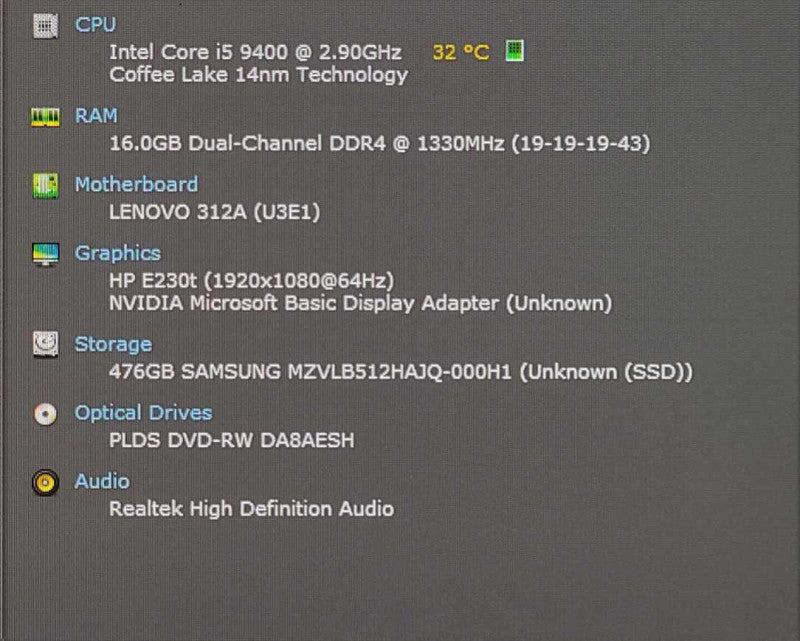 Lenovo ThinkCentre M720t, i5-9400 2.90GHz, 16GB DDR4, 512GB NVMe, GT 730