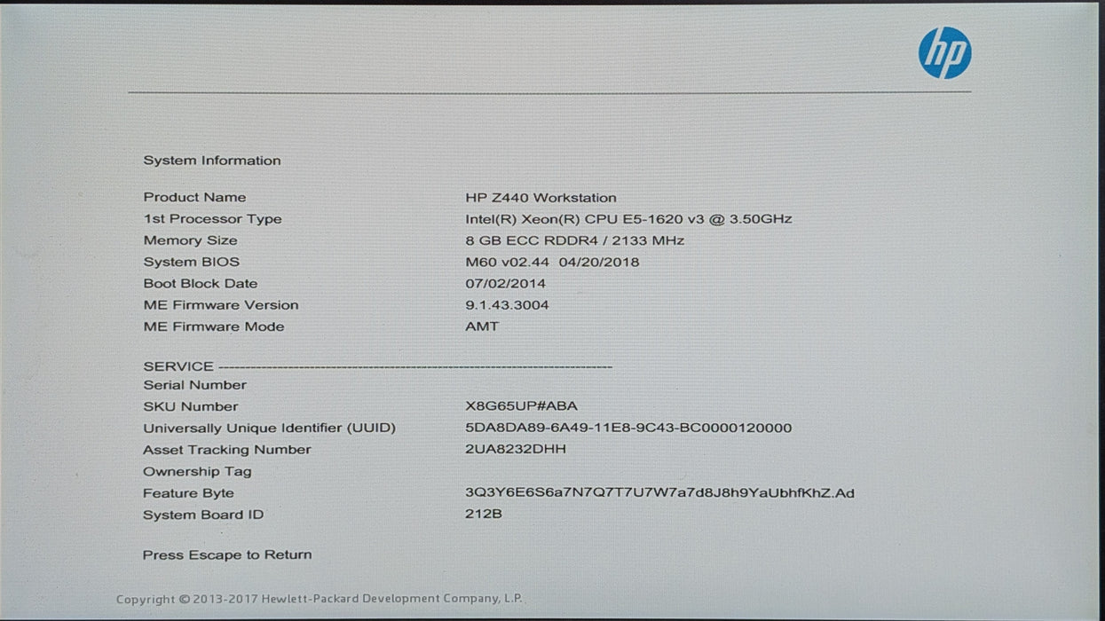 HP Z440 Workstation, Xeon E3-1620v3 3.50GHz, 8GB DDR4, P2200, No HDD