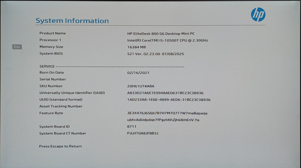 HP 800 G6 Desktop Mini, i5-10500T 2.30GHz, 16GB DDR4, 256GB NVMe, No AC Adapter