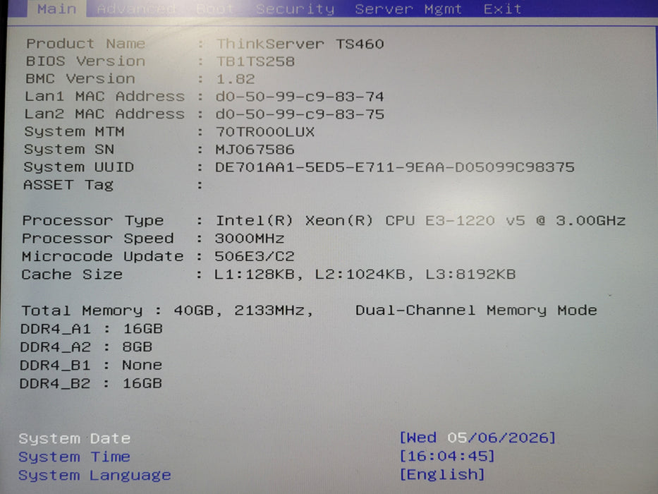 Lenovo ThinkServer TS460, Xeon E3-1220 v5, 40GB DDR4,, No HDD