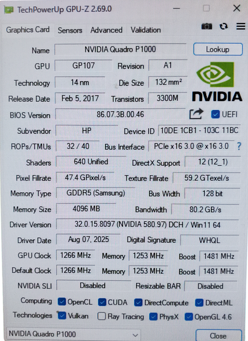 NVIDIA Quadro P1000 4GB GDDR5 Graphics Card