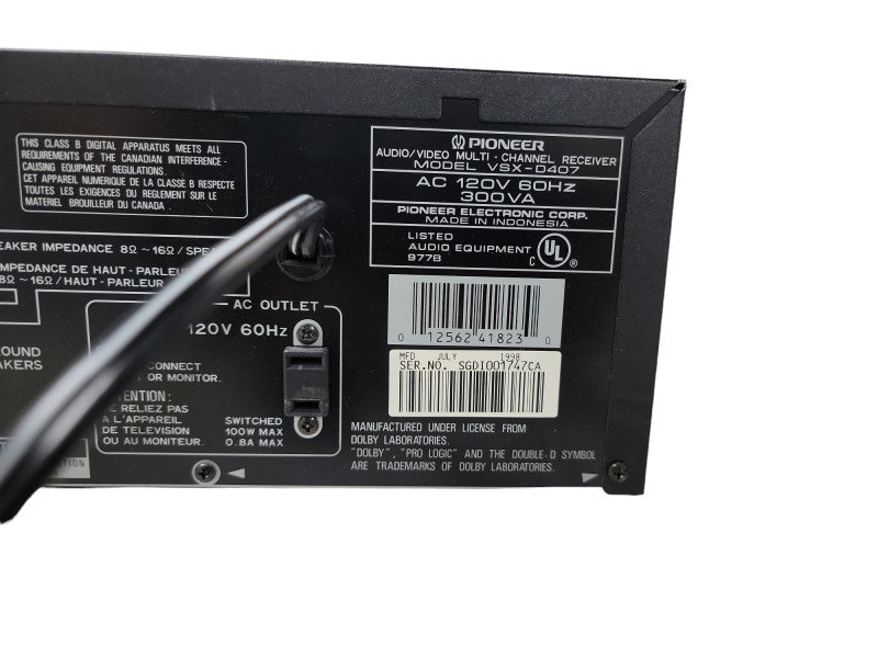 Pioneer Receiver VSX-D407 Audio and Video Multi-Channel Phono