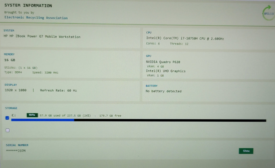 HP ZBook Power G7 15" i7-10750H 16GB DDR4 Quadro P620 256GB NVMe No Battery