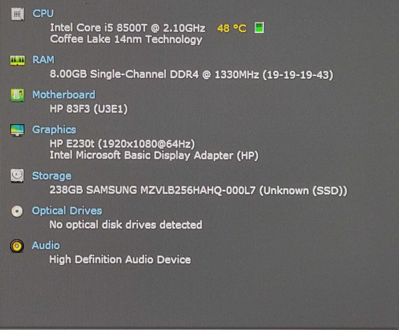 HP ProDesk 400 G4 USFF, i5-8500T 2.10GHz 6C, 8GB DDR4, 256GB Nvme, WiFi