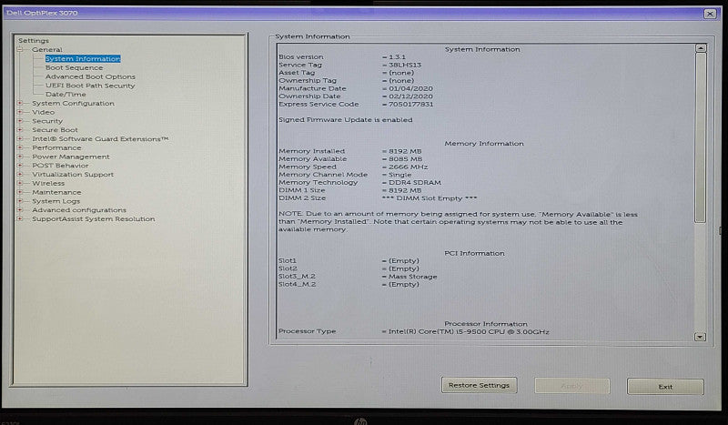 Dell OptiPlex 3070, Core i5-9500 3.00GHz, 8GB RAM, 256GB NVMe