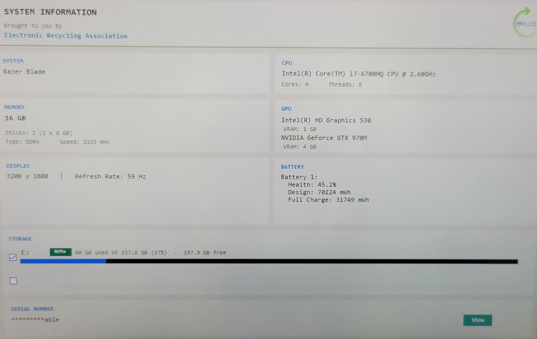 Razer Blade RZ09-01652 14" i7-6700HQ 16GB DDR4 GTX 970M 256GB NVMe TOUCH READ