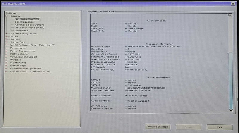 Dell OptiPlex 3070, Core i5-9500 3.00GHz, 8GB RAM, 256GB NVMe