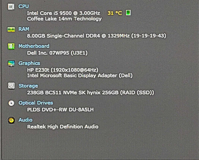 Dell OptiPlex 3070, Core i5-9500 3.00GHz, 8GB RAM, 256GB NVMe