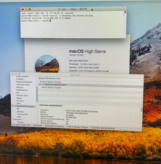Apple Mac Mini Mid 2011 Core i5-2415M 2.30GHz 8GB RAM 500GB HDD