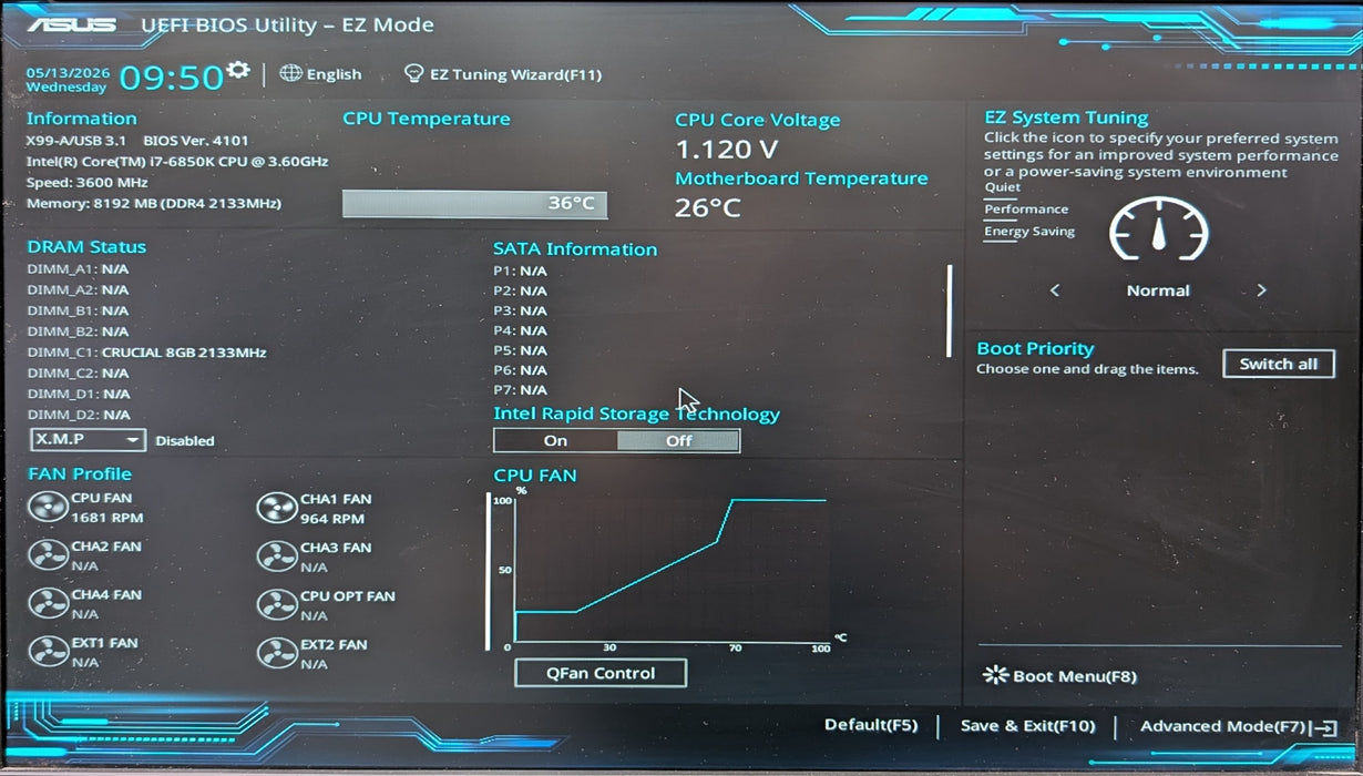 Custom PC, ASUS X99-A/USB 3.1 w/ i7-6800K 3.60GHz, 8GB DDR4, No GPU & HDD