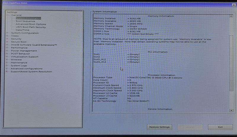 Dell OptiPlex 3060 SFF | i5-8500 @ 3.00GHz 6C, 8GB DDR4, 256GB NVMe