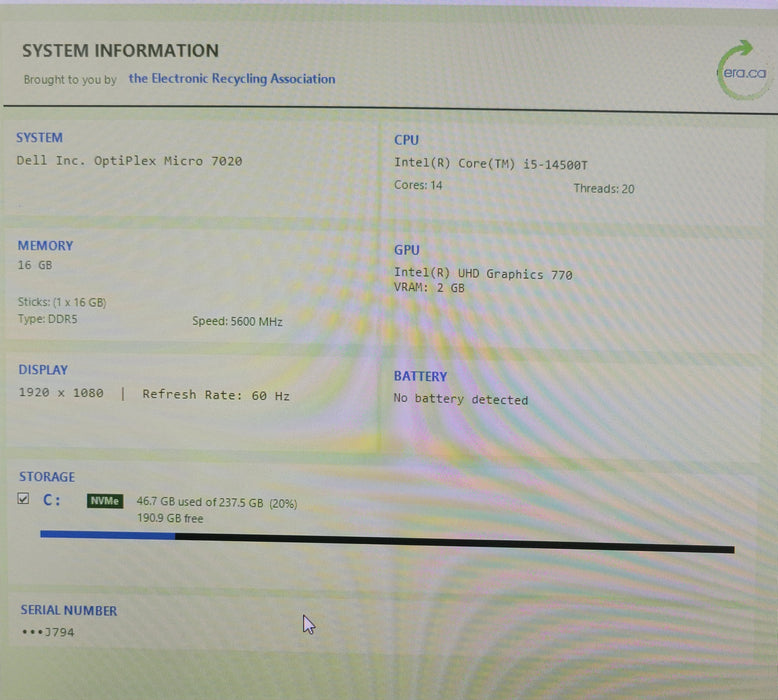 Dell OptiPlex Micro 7020 14th Gen i5-14500T CPU 16GB DDR5 256GB NVMe