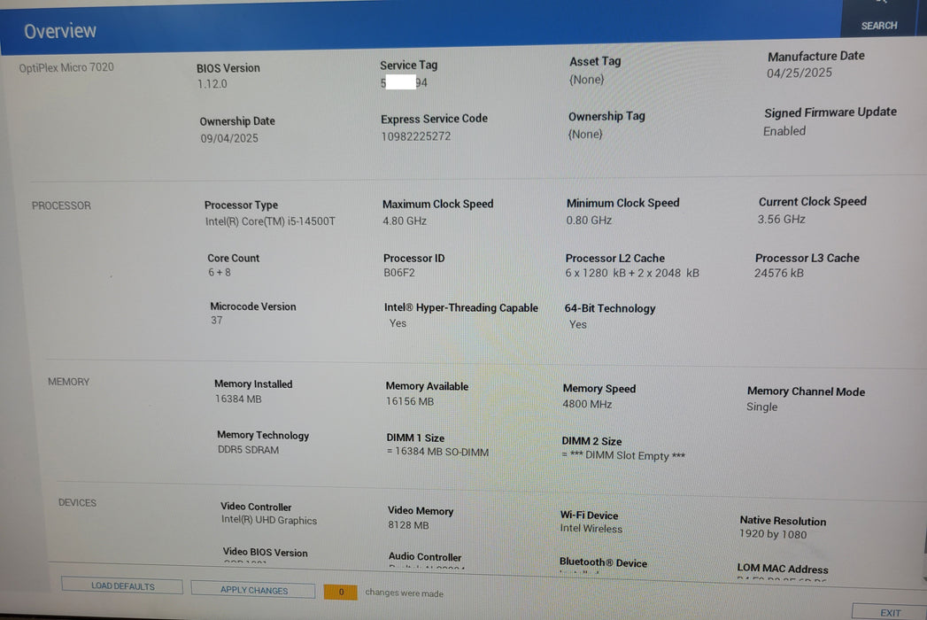 Dell OptiPlex Micro 7020 14th Gen i5-14500T CPU 16GB DDR5 256GB NVMe