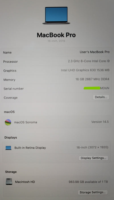 Apple MacBook Pro 16" 2019 A2141 i9-9880H 16GB DDR4 1TB SSD no adapter