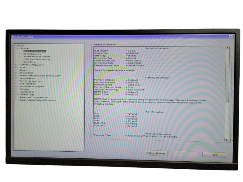 Dell Optiplex 3060 Intel i3 - 8100 CPU @ 3.60GHz 8GB DDR4 Ram QÎ¸